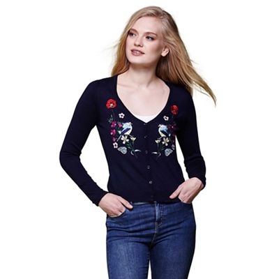 Blue floral bird embroidered knitted cardigan
